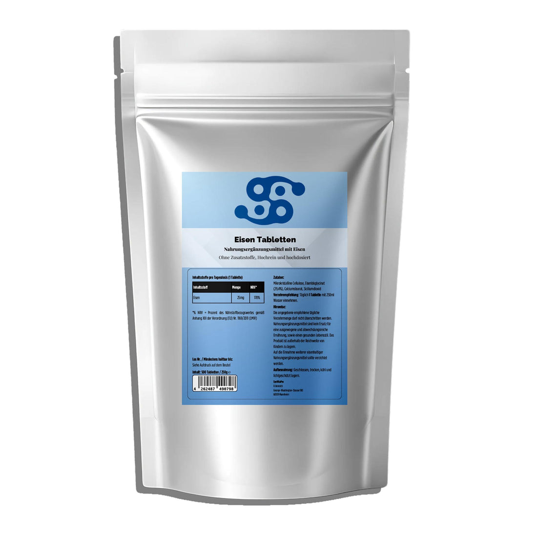 Eisen Bisglycinat 25mg – 500 Tabletten im Aluminium Doypack